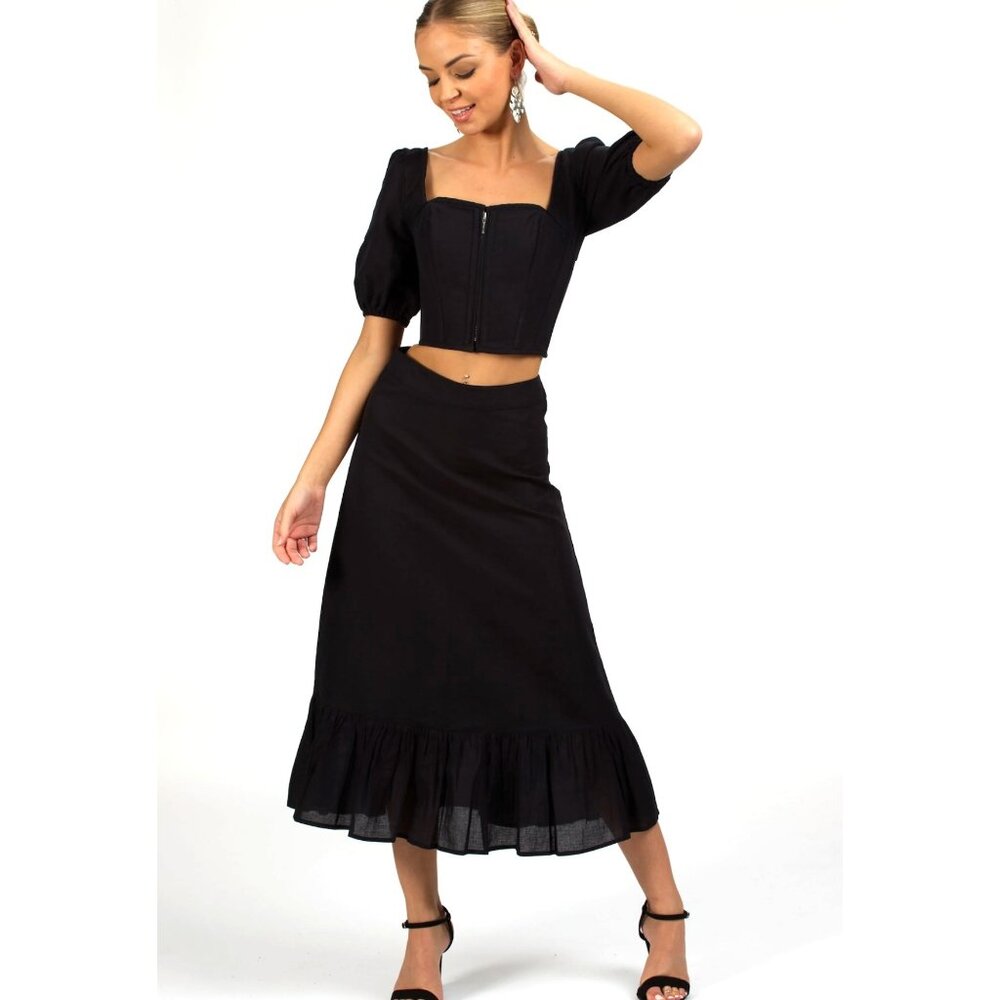 EU Black Linen Prairie Maxi Skirt Size 6 (Small) High Rise Lined NWT